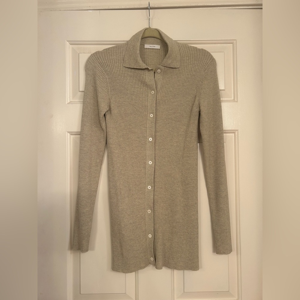The Row Beige Neutral Callisto Ribbed Silk Cotton Blend collard Button Down S/M